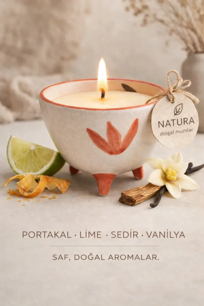 Lunoria Natural markasına ait bir mum. Portakal Kabuğu Vanilya Sedir Lime Kokulu Doğal El Yapımı Mum (İznik Çini El Yapımı Kasede)