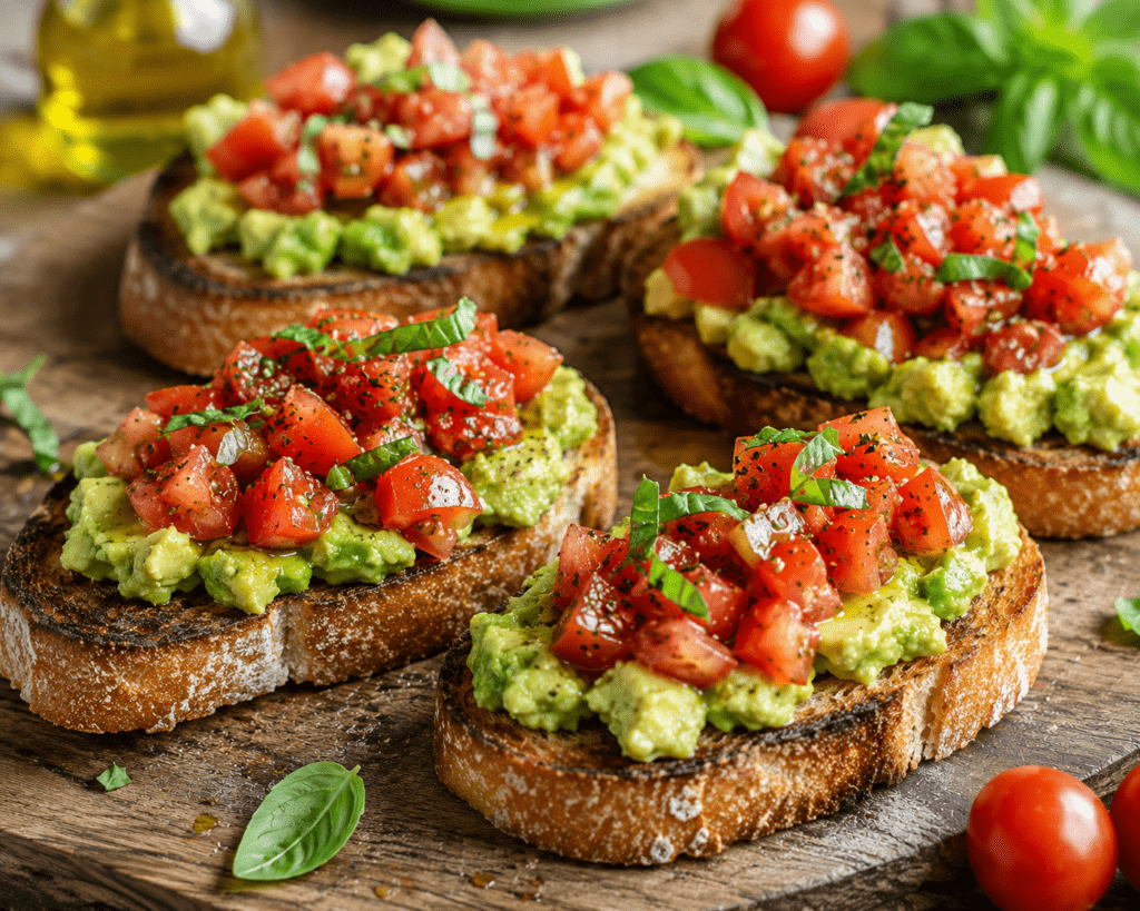Kızarmış ekmek üzerinde avokadolu Bruschetta