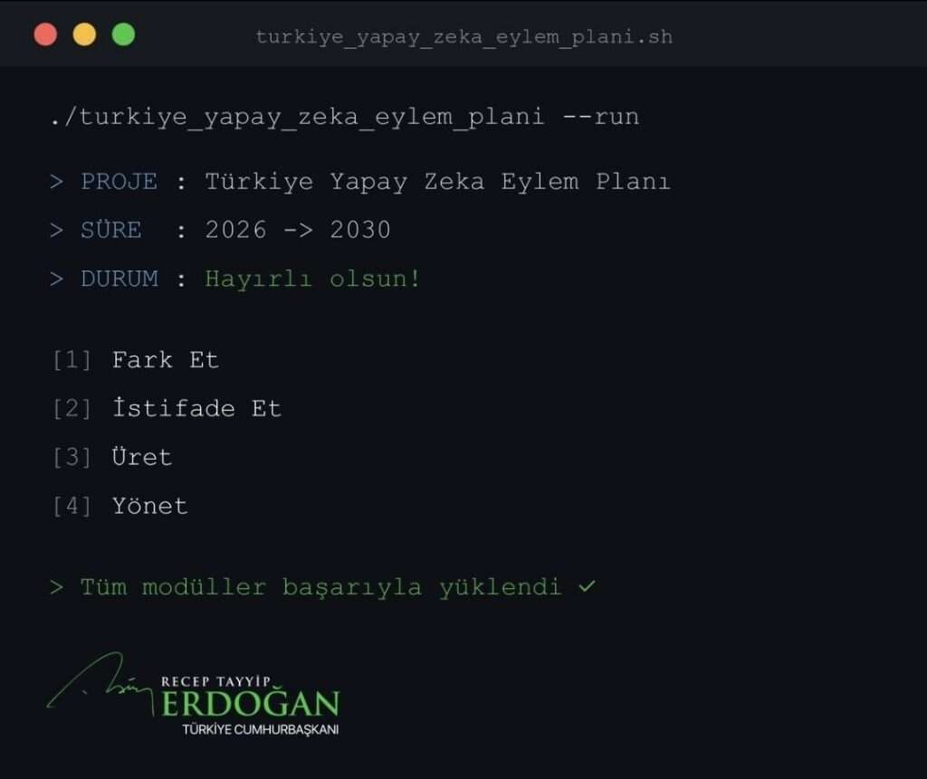 Türkiye Cumhurbaşkanı Recep Tayyip Erdoğan'ın sosyal medya hesabından Türkiye Yapay Zeka Eylem Planı paylaşımının görüntüsü