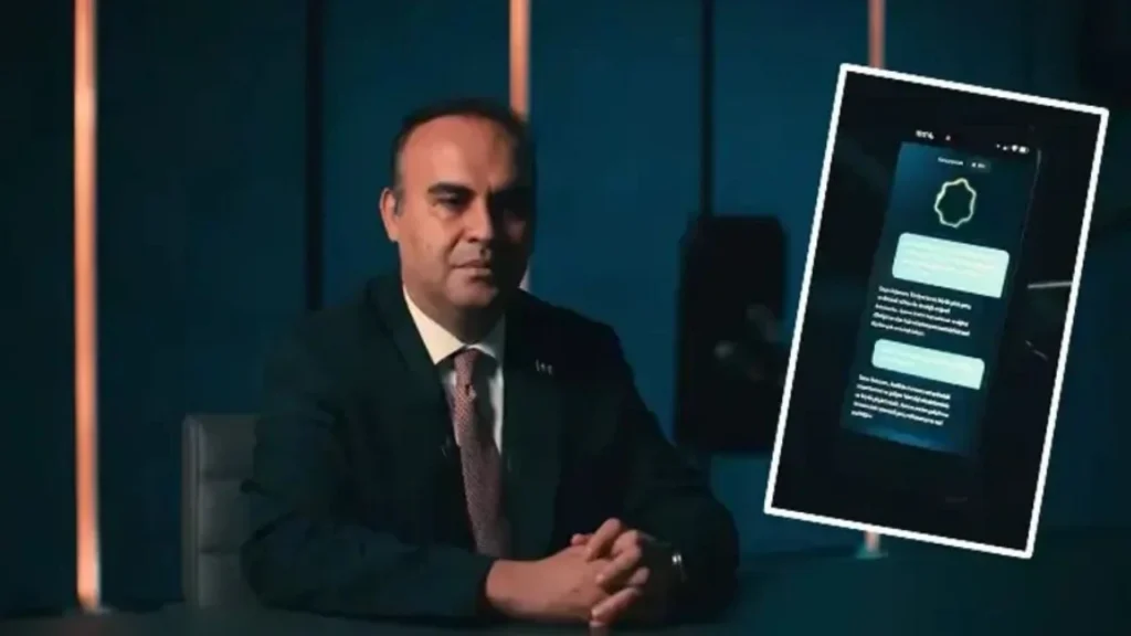 Türkiye Sanayi ve Teknoloji Bakanı Mehmet Fatih Kacır'ın yerli yapay zeka modeli  BİLGE ile sohbet anını gösteren bir fotoğraf